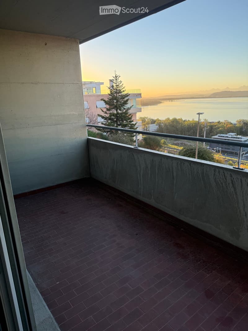 Balcony with brick tiles, metal railing, and scenic view of water and distant landscape.