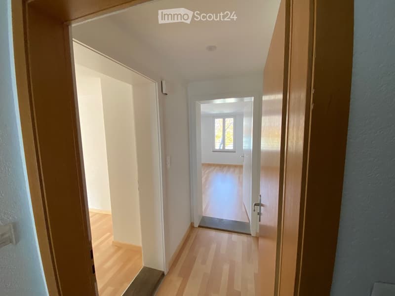 Empty hallway with wooden flooring, white walls, and open doors leading to other rooms.