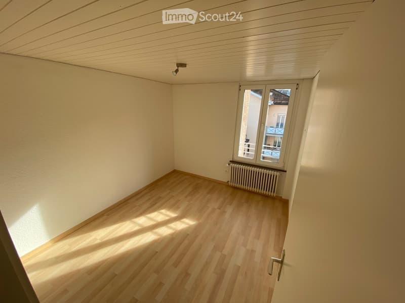 Empty room with wooden flooring, white walls, and a large window with a view of the outside. There is a radiator below the window and a ceiling light fixture.
