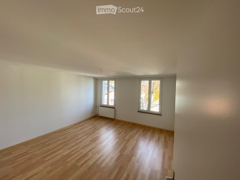 Empty room with wooden flooring, white walls, and two windows with metal frames. A radiator is visible under one window.