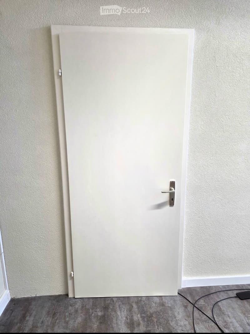 Empty room with a closed white door, light-colored walls, and a grey concrete floor. No furniture or equipment is visible.