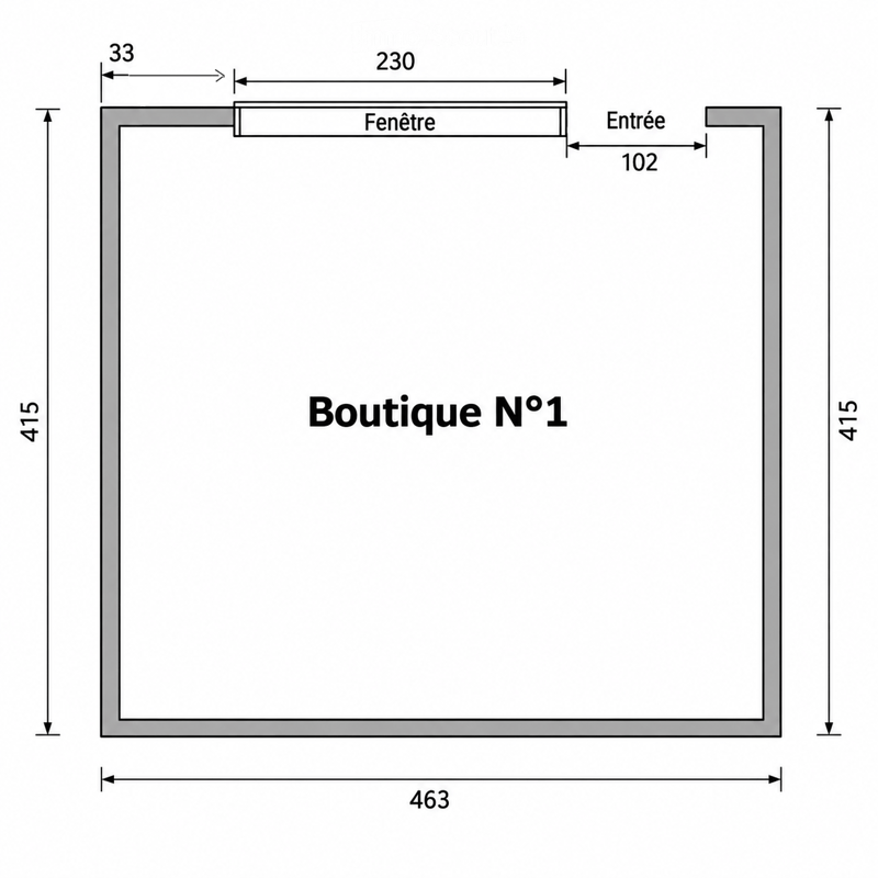 Floor plan of Boutique N°1, showing dimensions: 463 cm width, 415 cm height, 230 cm window length, 102 cm entrance width, and 33 cm depth.
