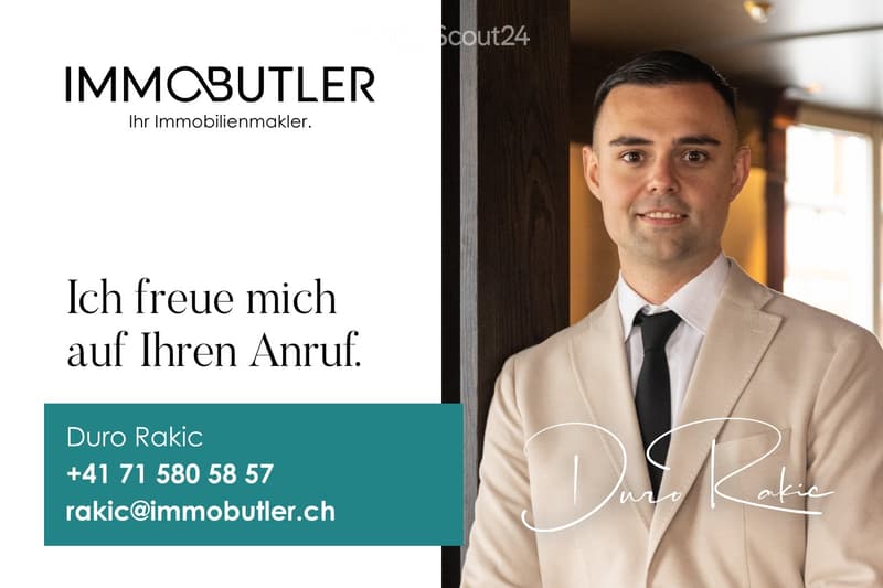 Promotional image for an estate agent, featuring a man in a suit standing in front of a blurred interior background. The text includes the agent's name, contact information, and a tagline.