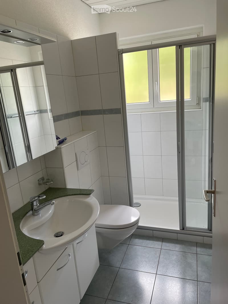 Modern bathroom with white tiles, a sink with a faucet, a toilet, a shower with a glass door, and a mirrored cabinet.