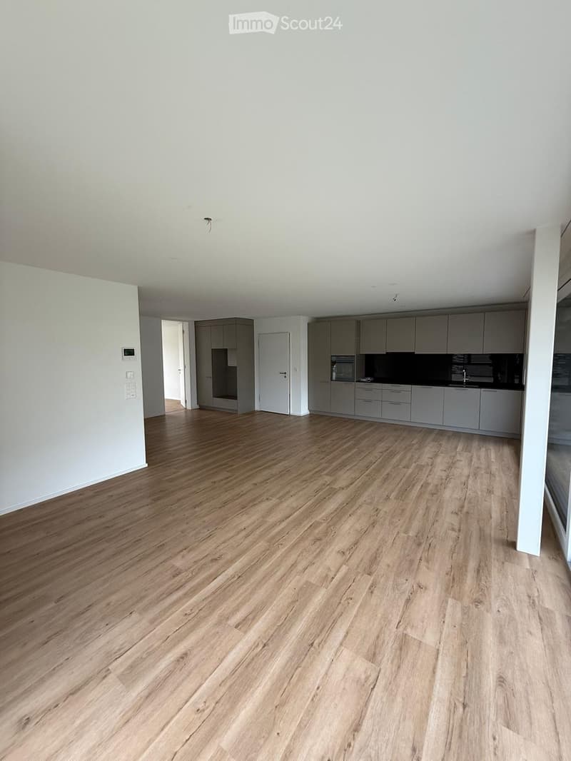 Empty room with light wooden flooring, white walls, and grey cabinetry visible in the background.