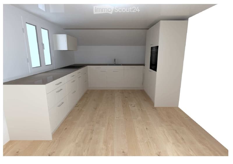 Empty kitchen with white cabinets, dark countertops, and light wooden flooring. No appliances or furniture are present.