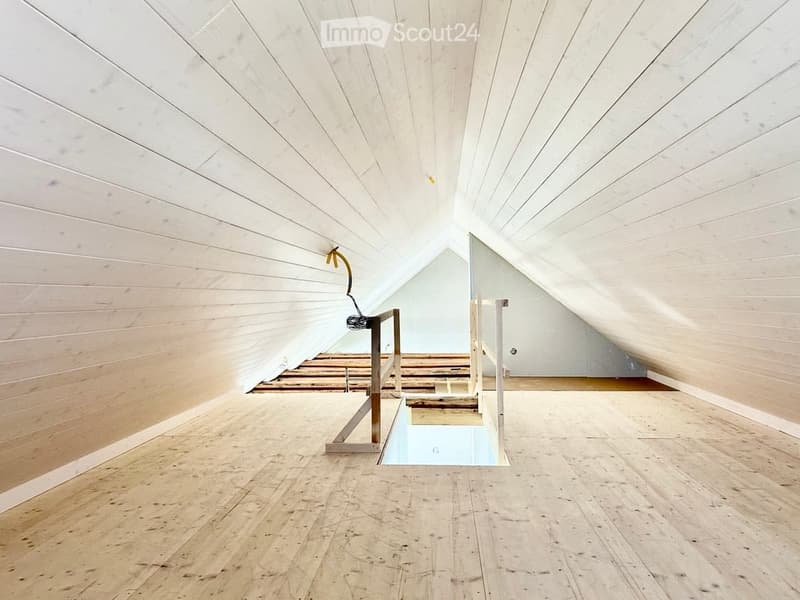 An empty attic space with wooden walls, ceiling, and floor, featuring a small skylight and a metal railing leading to a lower level.