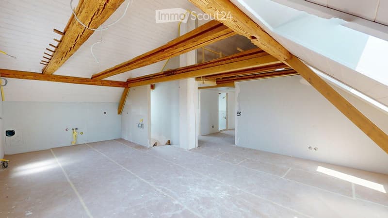 Empty attic space with exposed wooden beams, white walls, and a concrete floor. Natural light streams in from skylights.