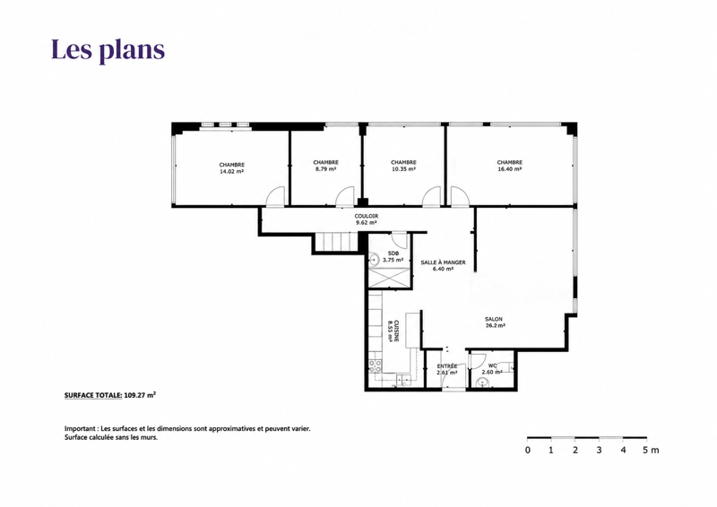 Floor plan of a 109.27 m² apartment with four bedrooms, a living room, a dining room, a kitchen, a hallway, a bathroom, and a WC.
