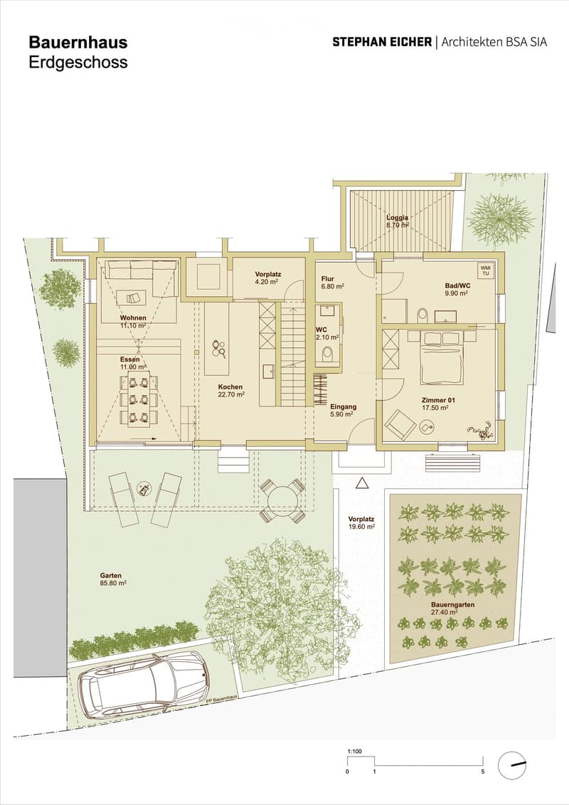 Ground floor plan of a farmhouse with living, dining, kitchen, bedroom, bathroom, entrance, hallway, and outdoor areas including a garden and a small courtyard.