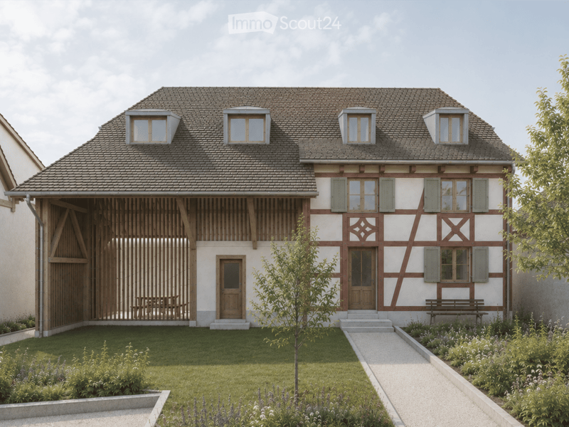 Two-story house with a traditional half-timbered facade, grey tiled roof, multiple windows, and a wooden garage. The front yard features a well-maintained lawn, garden beds, and a pathway leading to the entrance.