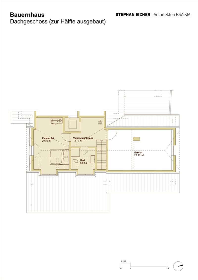Floor plan of a half-converted attic level showing a bedroom, hallway, bathroom, and storage area.