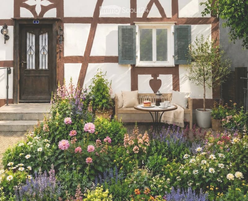 A charming garden area in front of a traditional half-timbered house, featuring a wooden bench with cushions, a small round table with a cake and cups, and lush flower beds with various blooms.