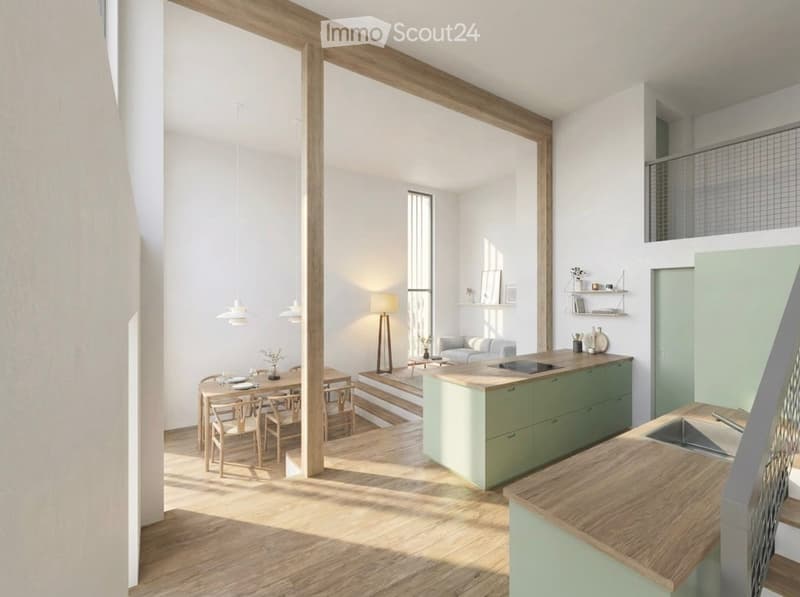 Open-plan living and dining area with modern kitchen, wooden flooring, pendant lights, and a mix of seating and dining furniture.