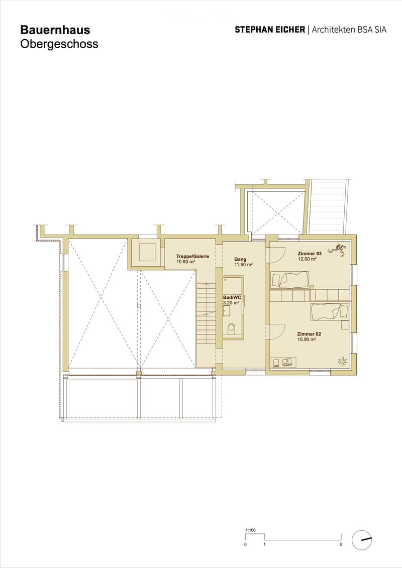 Floor plan of the upper level of a farmhouse, showing a staircase/gallery, hallway, bathroom/WC, and three bedrooms.