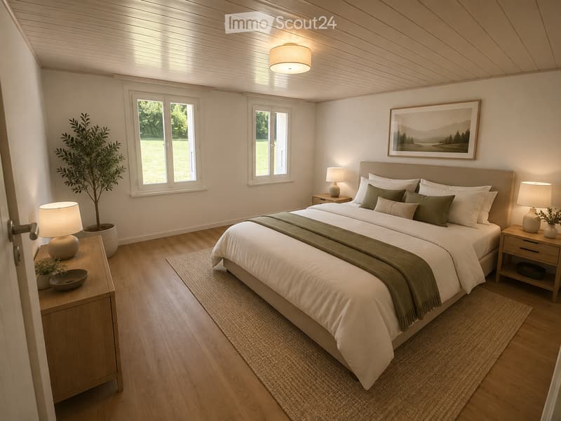 Cozy bedroom with a large bed, nightstands, lamps, a picture frame, and a plant near the window.