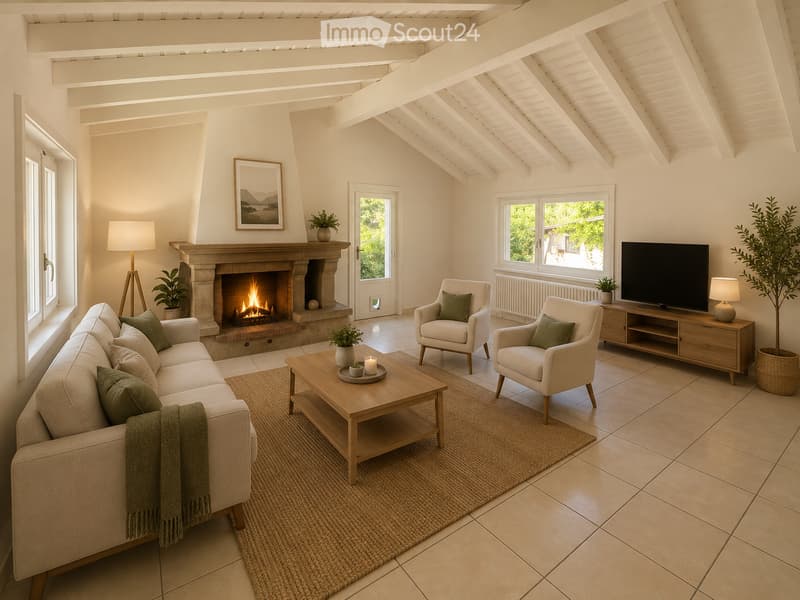 Bright living room with a fireplace, beige sofa, coffee table, armchairs, TV, and lamps.