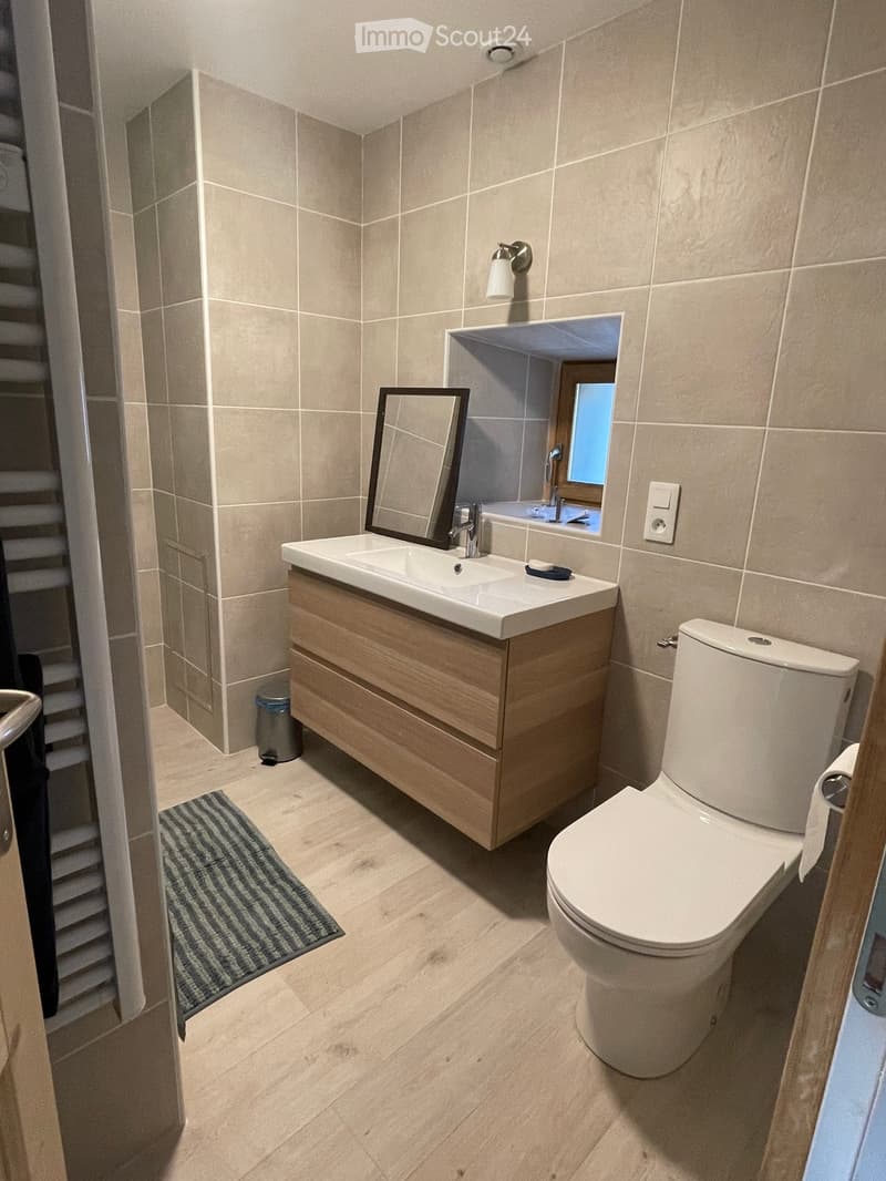 Modern bathroom with beige tiles, a white sink with wooden cabinet, a toilet, a mirror, and a small rug on the floor.