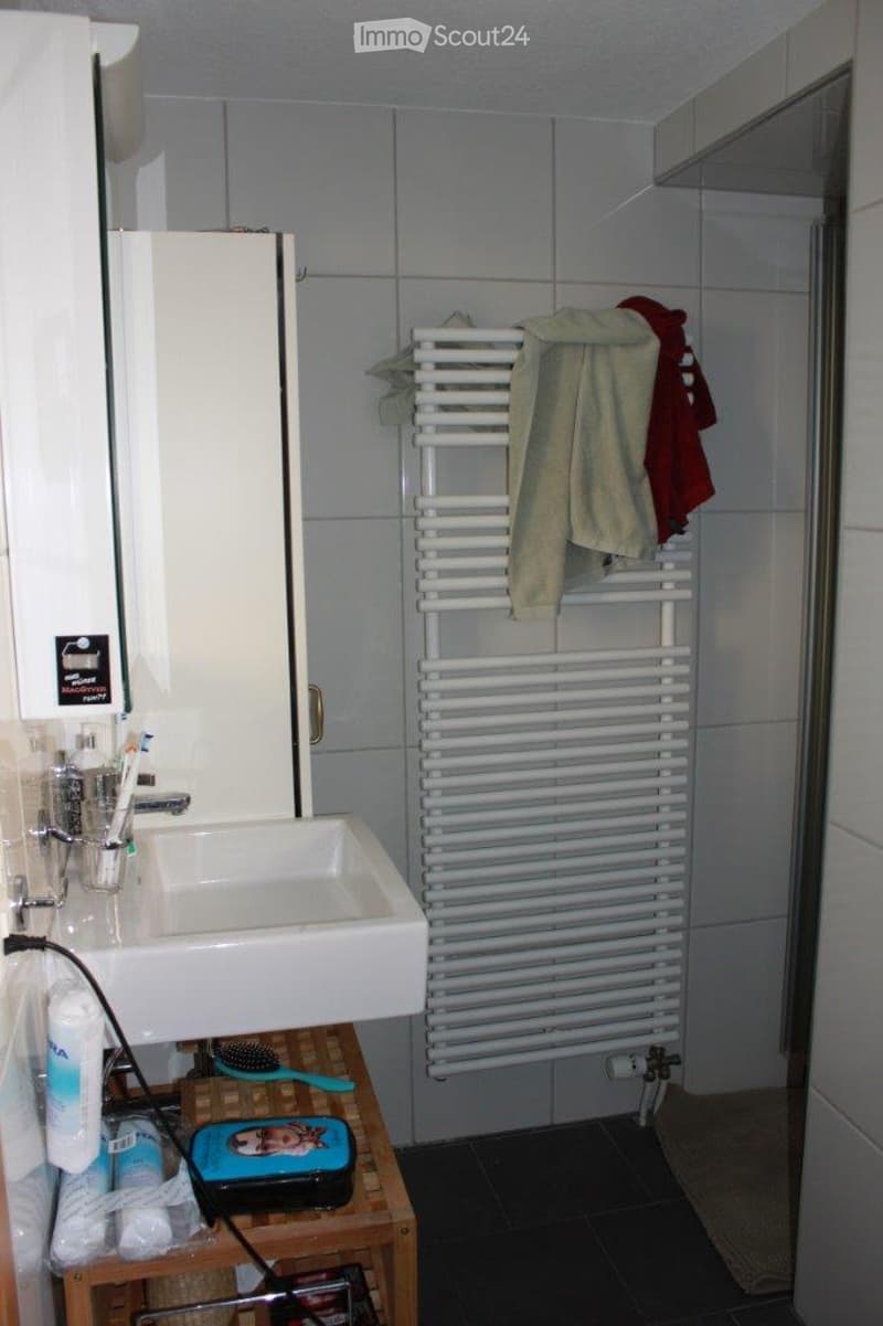 Bathroom with a white sink, faucet, toothbrush holder, toothpaste, towel rack with towels, shower, shower rack, shower gel, shampoo, brush, mirror, and cabinet.