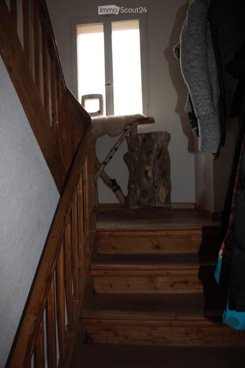 Wooden staircase with a handrail and a unique tree trunk post at the bottom, leading to a bright doorway.