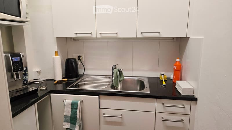 Modern kitchen with white cabinets, black countertops, stainless steel sink, coffee machine, paper towel roll, electric kettle, and various small appliances.