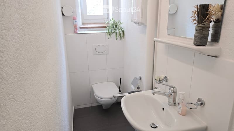 Modern bathroom with white tiles, a toilet, a sink with a chrome faucet, a mirror, and decorative vases on the windowsill.