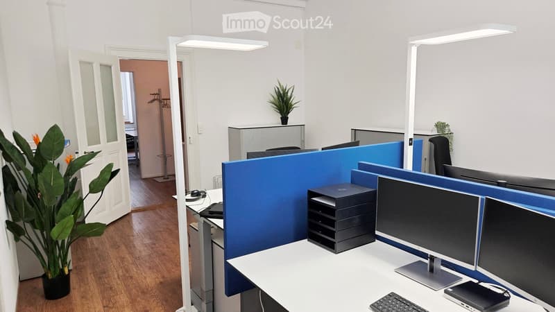 Modern office space with desks, chairs, computer screens, keyboards, and plants. Blue partitions separate workstations.