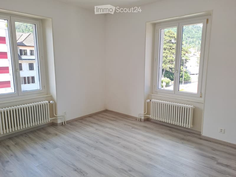 Empty room with light wooden flooring, white walls, and two large windows with radiators beneath them.