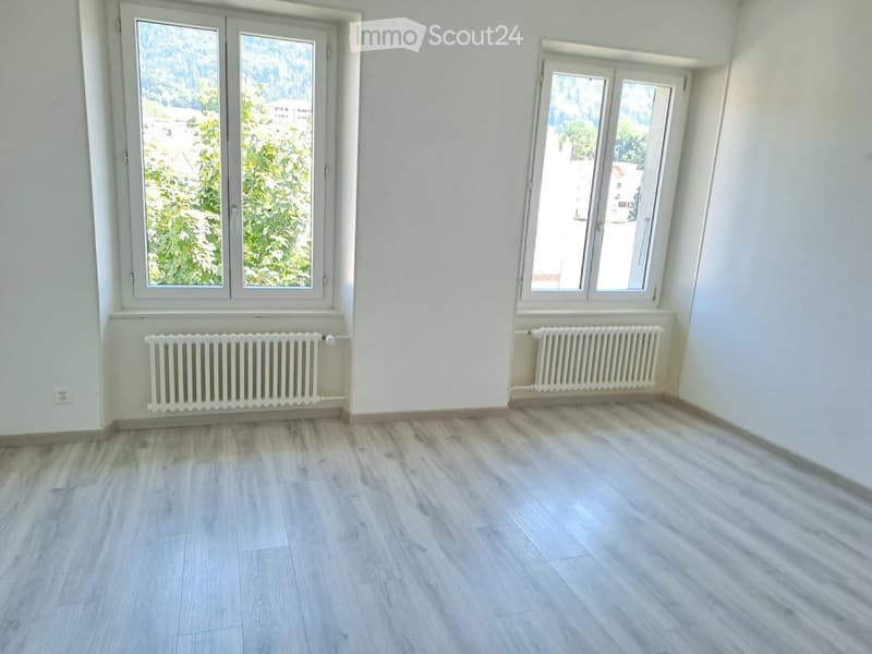 Empty room with light wooden flooring, white walls, and two large windows with radiators beneath them.