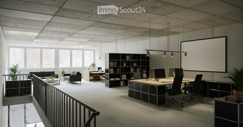 Modern office space with large windows, a mix of seating areas, a desk setup, and a bookshelf. Features include a sofa, chairs, a coffee table, and a large screen.