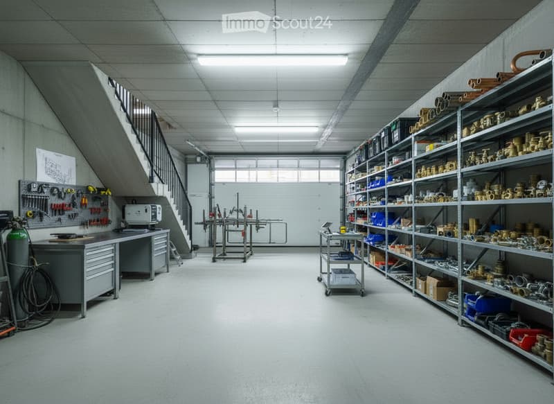A spacious workshop with concrete walls and floors, equipped with metal shelves filled with tools and parts, a workbench, a staircase leading to an upper level, and a large window providing natural light.