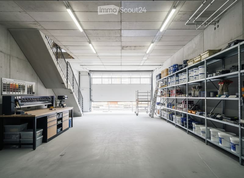A spacious, industrial-style workshop with concrete floors and walls, featuring a workbench, shelves filled with paint cans and tools, and a staircase leading to an upper level.