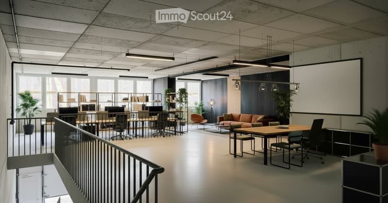 Modern office space with a mix of seating and work areas, including a sofa, coffee table, chairs, a large screen, and several plants.