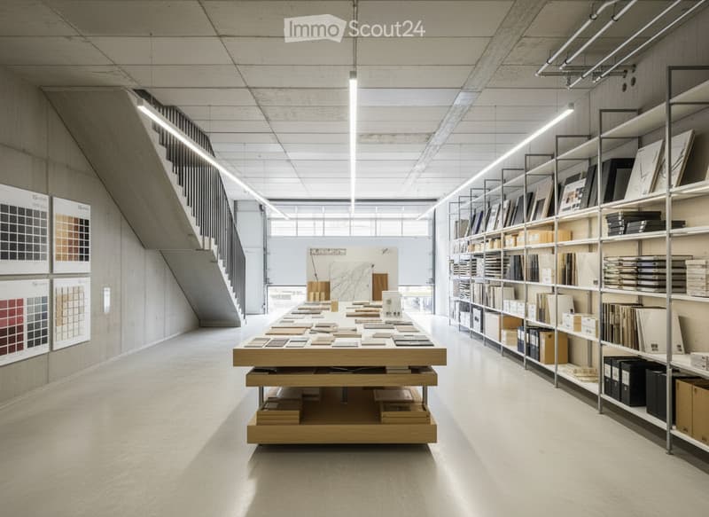 Modern showroom with a long wooden table displaying various material samples, shelves filled with books and samples, and color swatches on the wall.