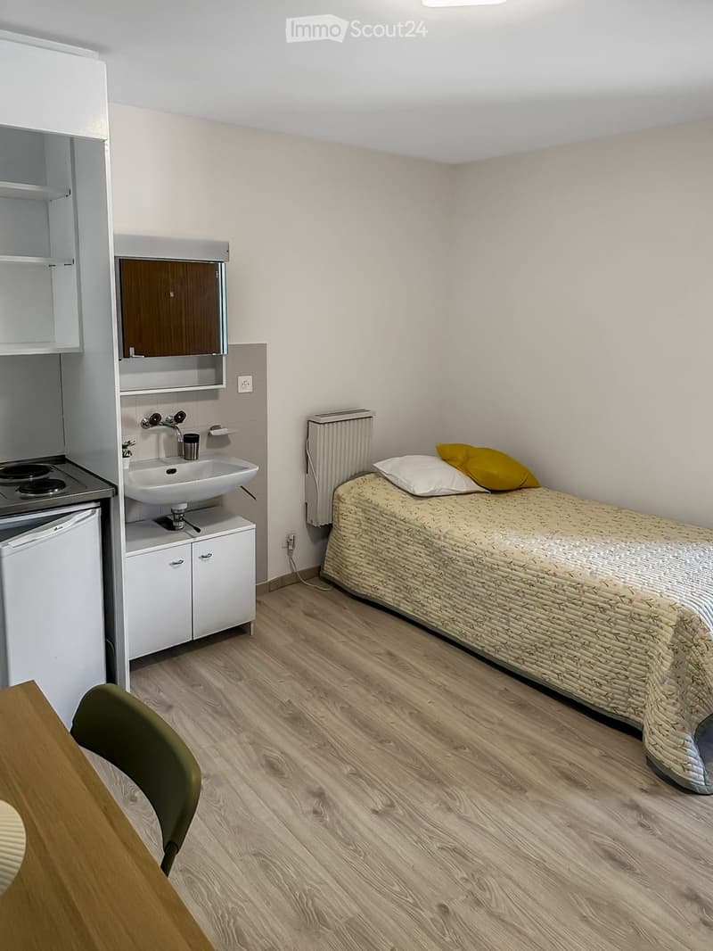 Compact studio with a bed, small table and chair, sink, faucet, refrigerator, and radiator.