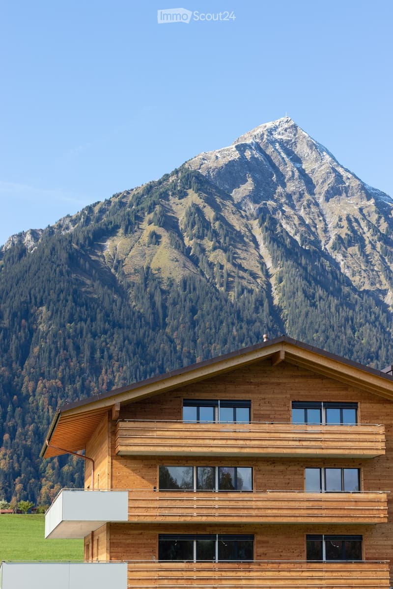 A modern wooden house with multiple balconies and large windows, set against a backdrop of a snow-capped mountain and forested landscape.