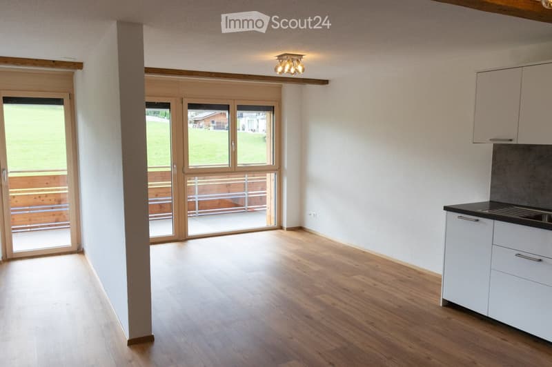 Empty room with wooden flooring, white walls, and a small kitchen area with cabinets and a countertop. Large sliding glass doors lead to a balcony with a wooden railing and a view of a green lawn.