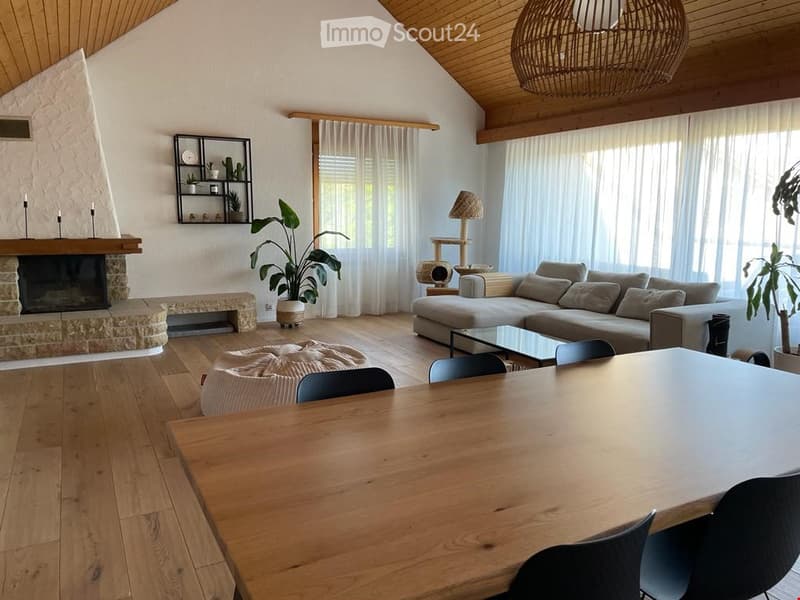 Modern living room with wooden floors, a stone fireplace, large windows with white curtains, a grey sectional sofa, a glass coffee table, a wooden dining table with black chairs, a round ottoman, a cat tree, a floor lamp, and decorative shelves with plant