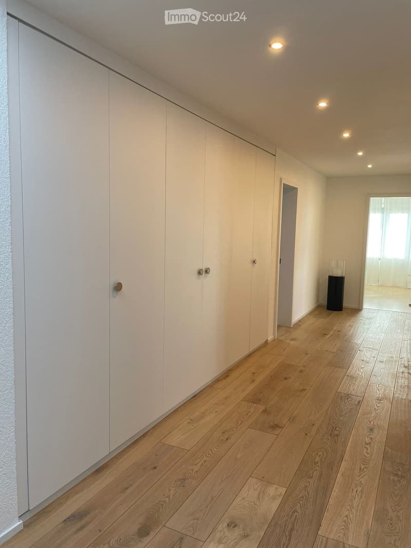 Empty hallway with light wooden flooring, white walls, built-in white closet units, and recessed ceiling lighting.