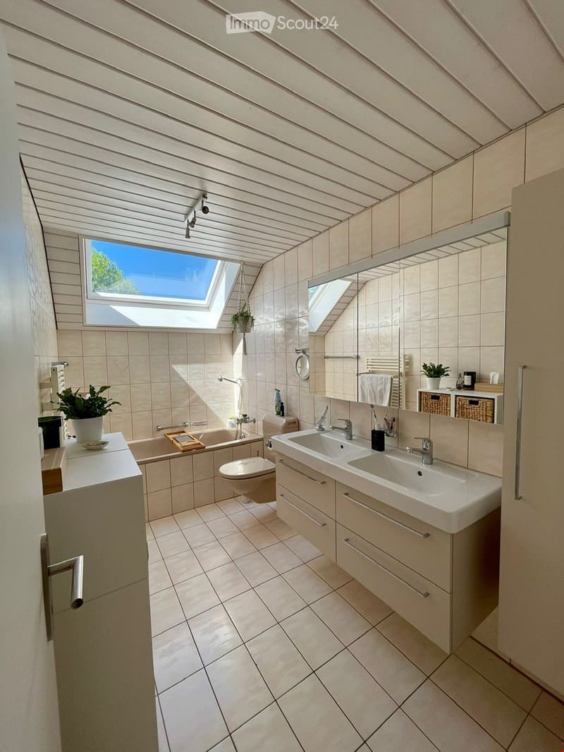 Modern bathroom with a double sink, toilet, bathtub, large mirror, and built-in cabinets. Features skylight windows and decorative plants.