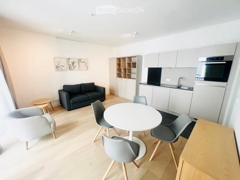 Modern, open-plan living and dining area with a grey sofa, coffee table, dining table with chairs, built-in kitchen cabinets, and a sink with a faucet and oven.