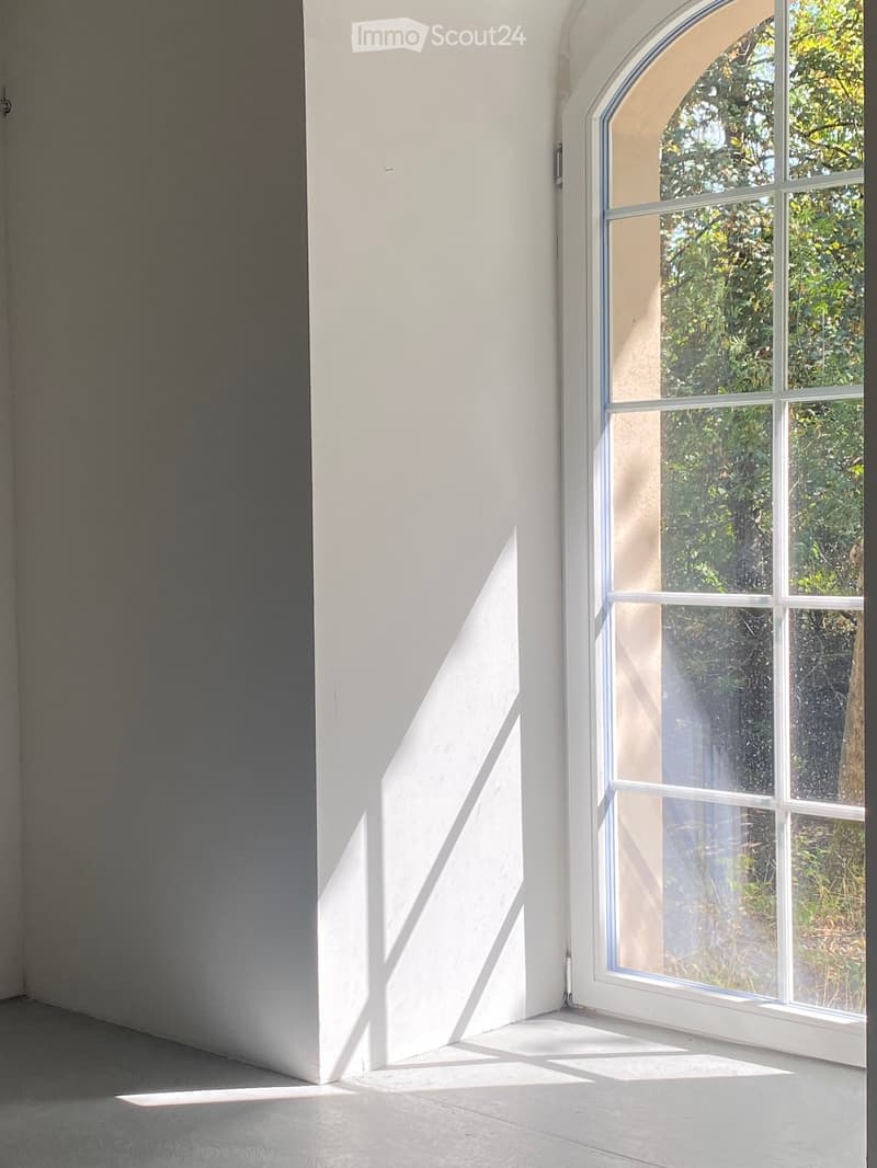 Empty room with white walls and a large arched window allowing natural light to enter, casting shadows on the floor.