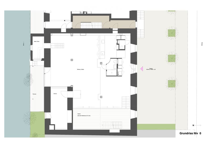 Floor plan of a multi-room space including a living area, bedroom, studio, gallery, and terrace. Layout includes labeled rooms and access points.