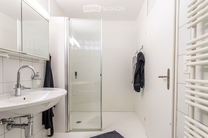 Modern bathroom with white tiles, a glass-enclosed shower, a sink with a modern faucet, a mirror, a radiator, and towels hanging on the wall.