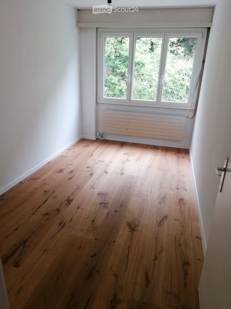 Empty room with light wooden flooring, white walls, large window with three panes, radiator, and a door handle visible on the right side.