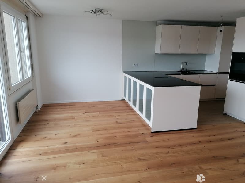 Empty kitchen with light wooden flooring, white cabinets, and a black countertop. No appliances or furniture are present.