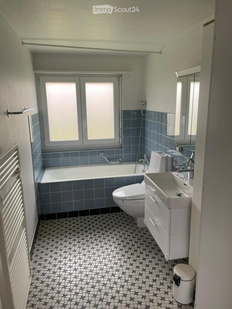 Modern bathroom with blue tiled walls, white sink, toilet, bathtub, and a large window. Features a patterned tile floor and a built-in mirror above the sink.