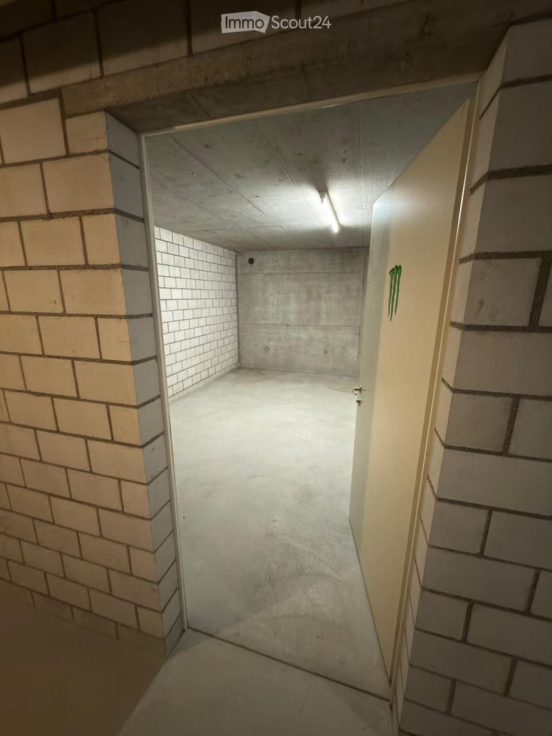 Empty underground parking space with concrete walls, floor, and ceiling, featuring a small window and a single light fixture.