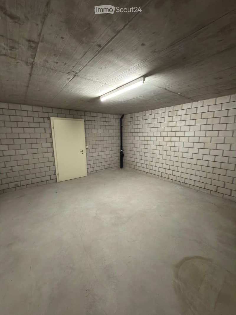 Empty room with concrete floor, brick walls, and a single door. The ceiling has exposed wooden beams and a skylight.