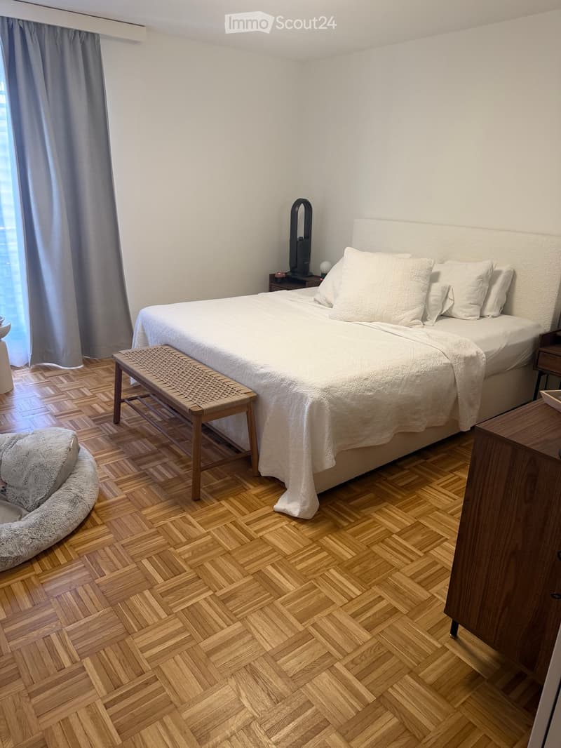 Modern bedroom with a large bed, white bedding, wooden nightstands, a woven stool, and a round dog bed.
